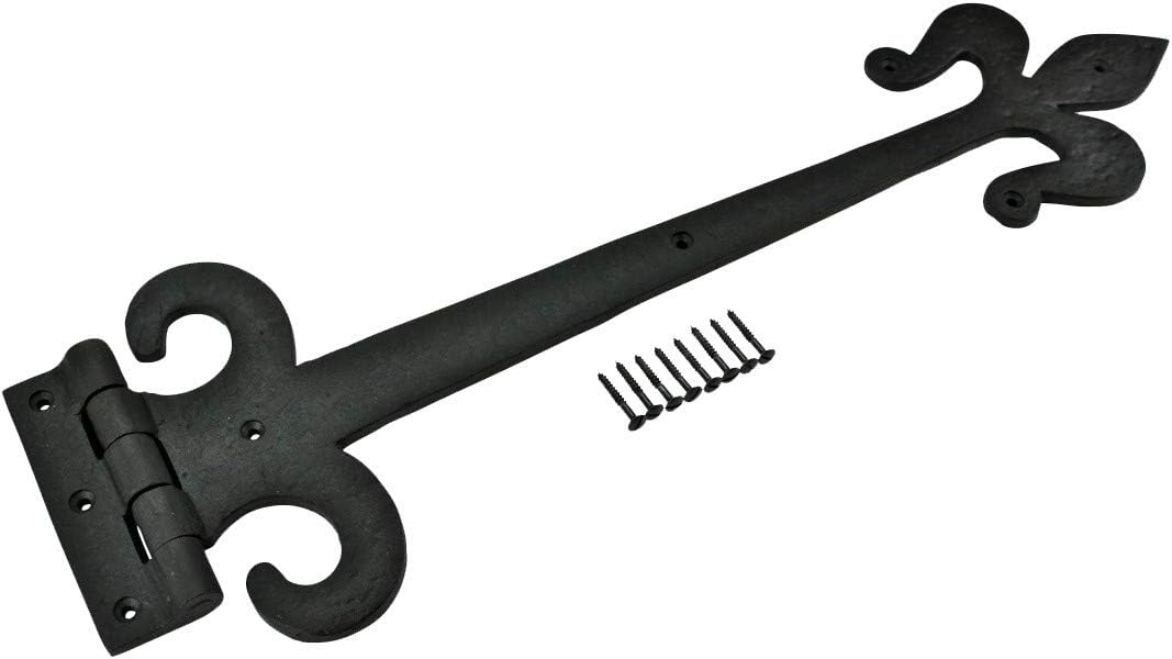 Renovators Supply Manufacturing Black Wrought Iron Door Strap Hinge 18 Long Antique Fleur De Lis Style Rust Resistant Flush Mount Door Hinges for Cabinet Or Barn Doors with Hardware Pack of 2 - Image 4